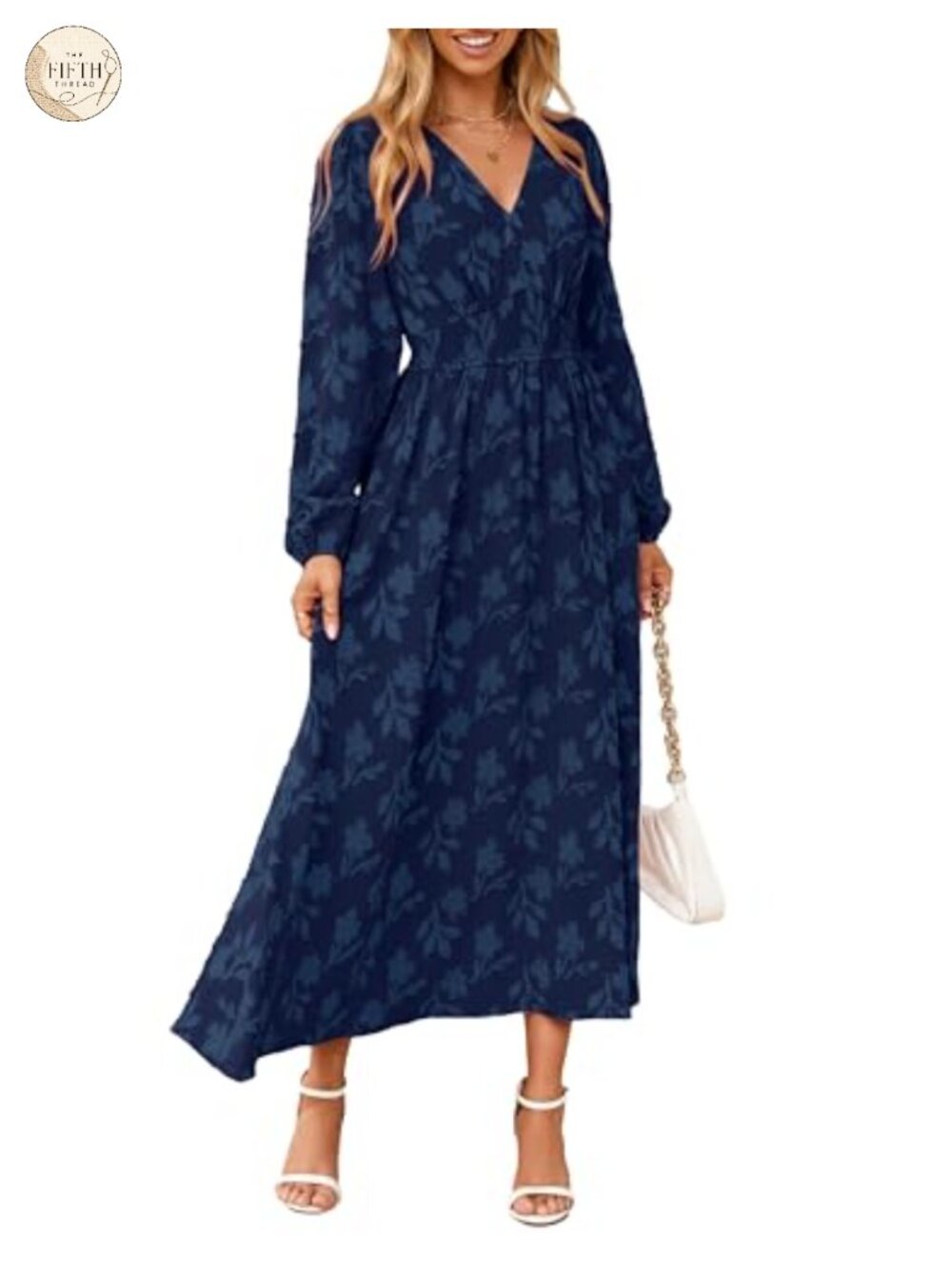 Boho Floral Long Sleeve Maxi Dress V Neck Empire Waist with Pockets